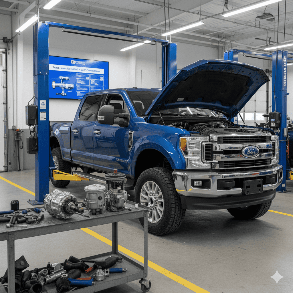 Ford diesel truck in shop